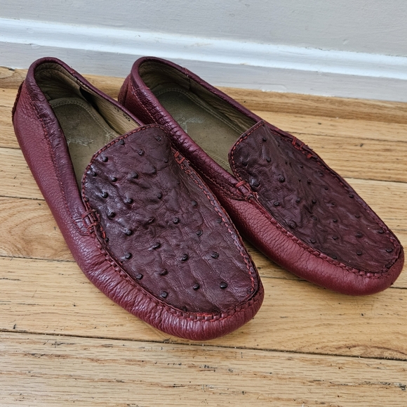 David X Mens Ostrich Leather Loafers 10 Shoes Red Pull on Slipper Moccasins